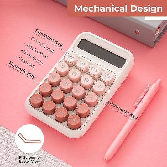 Y YOMA 1 Pack Mechanical Switch Calculator with 10 Digit Large LCD Display Big Button, Mini Cute Desktop Calculator 4 Function Basic Calculators for School Home Office Business, Cute Pink
